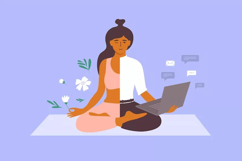 Vector illustration of work life balance concept with business woman meditating on yoga mat holds laptop and flower in hand mindfulness